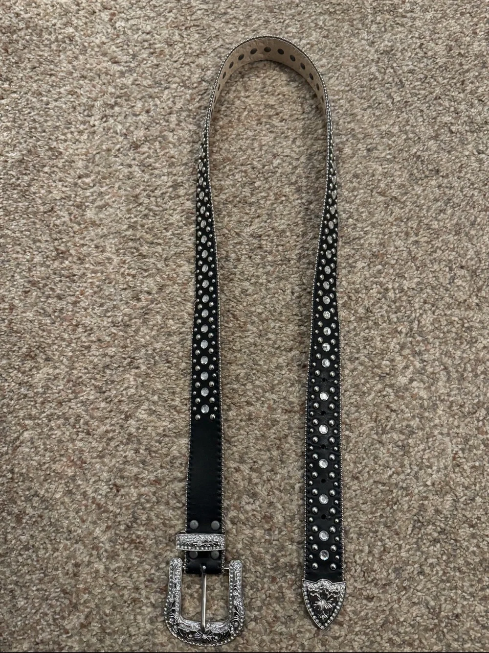 Women's Black Leather Western Belt with Silver Embossed Buckle